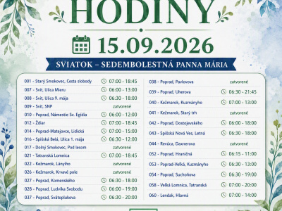 Otváracie hodiny - Sviatok - Sedembolestná Panna Mária - 15.9.2026